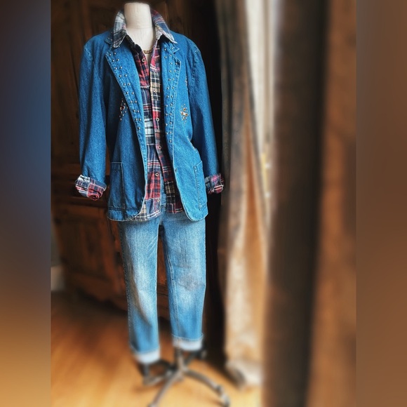 Vintage Studded Denim Blazer Jewel Embellished Western Boho Medium - Picture 6 of 12